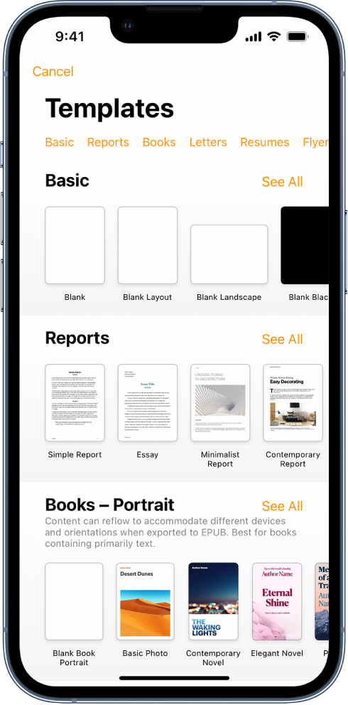 The template chooser, showing a row of categories across the top that you can tap to filter the options. Below are thumbnails of predesigned templates arranged in rows by category, starting with New at the top and followed by Recents and Basic. A See All button appears above and to the right of each category row.