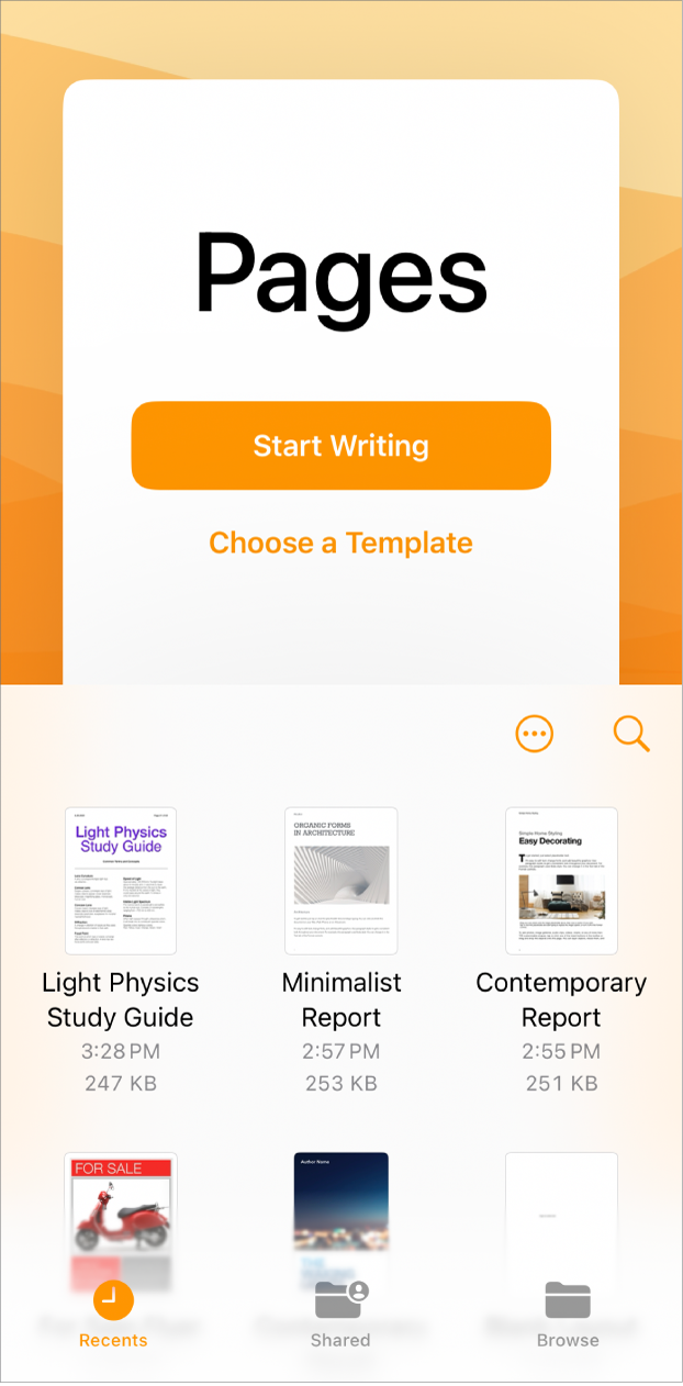 Pages welcome screen with options for Start Writing and Choose a Template at the top, with recent documents displayed at the bottom.