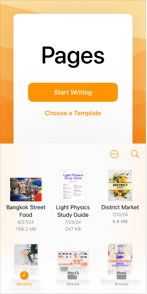 The Pages document manager with buttons to start writing or choose a template at the top of the screen, and controls to open saved documents on the bottom.