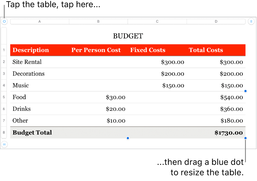 A selected table with blue dots for resizing.