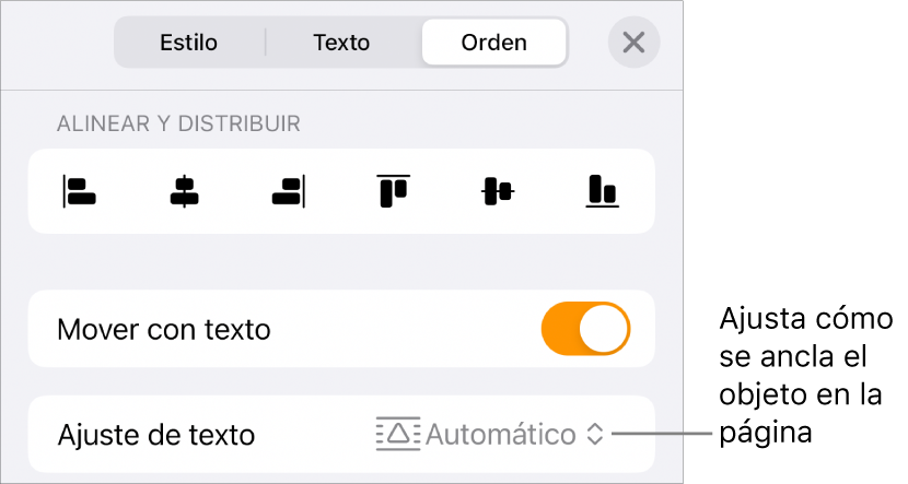 Los controles de disposición incluyen Mover con texto y Ajuste de texto.