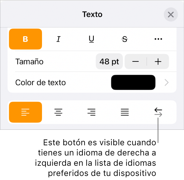 Los controles de texto se encuentran en el menú de Formato con un mensaje que señala el botón de derecha a izquierda.