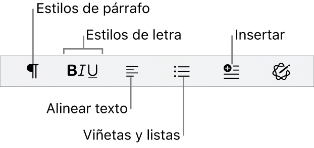 La barra de formato rápido mostrando íconos para estilos de párrafo, estilos de texto, alineación de texto, viñetas y listas, e insertando elementos.