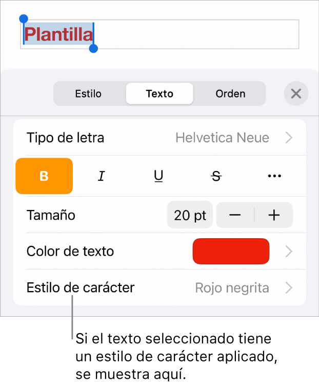 Los controles de formato de texto con Estilo de carácter debajo de los controles de color. El estilo de carácter Ninguno aparece con un asterisco.