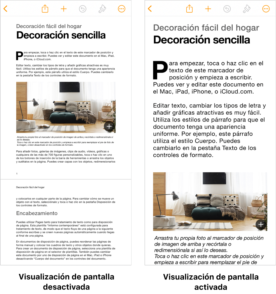 Dos vistas del mismo documento de Pages, con la visualización de pantalla activada y desactivada.