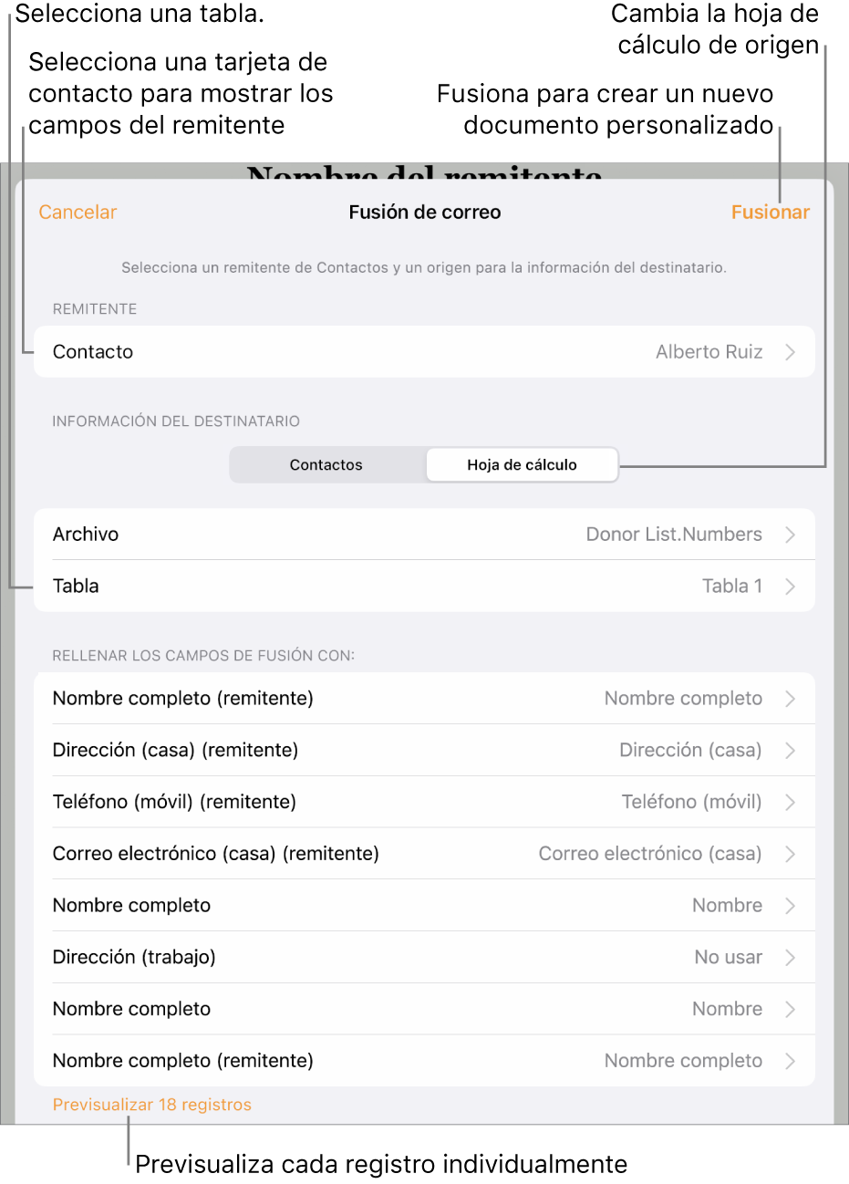 Panel de fusión de correo abierto con opciones para seleccionar la información del remitente, cambiar la tabla o el archivo de origen, previsualizar los nombres del campo de fusión o los registros individuales, o bien fusionar el documento.