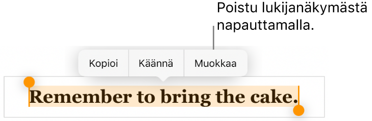 Lause on valittuna ja sen yläpuolella on kontekstikohtainen valikko, jossa on Kopioi- ja Muokkaa-painikkeet.
