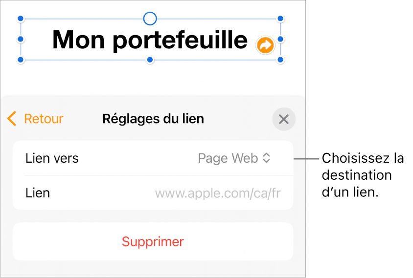 Les commandes Réglages du lien avec l’option Page Web sélectionnée au-dessus du bouton Supprimer.