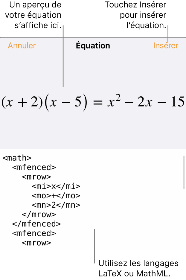 Zone de dialogue Équation, affichant une équation composée à l’aide des commandes MathML et aperçu de la formule au-dessus.