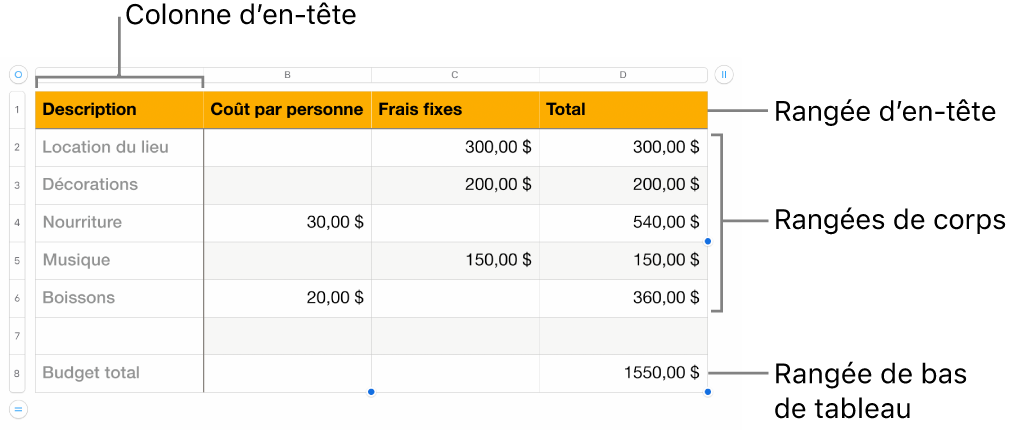 Tableau affichant des rangées et des colonnes d’en-tête, de corps et de bas de tableau.