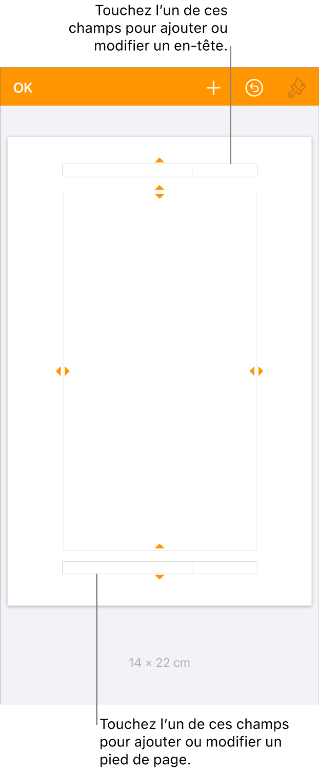 Présentation Plus d’options avec trois champs en haut du document pour les en-têtes et trois champs en bas pour les bas de page.