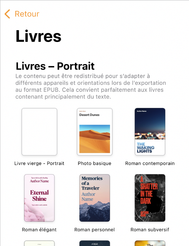 La liste de modèles avec les modèles de livre en orientation portrait en haut et en orientation paysage en dessous.