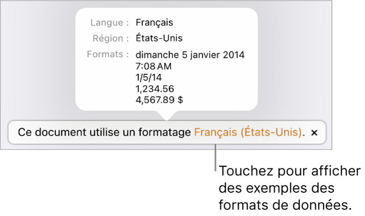 La notification du réglage de langue et de région différents, qui affiche des exemples de la mise en forme correspondant à cette langue et à cette région.