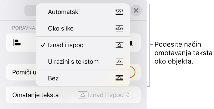 Kontrole Omatanje teksta s postavkama za Automatski, Oko slike, Iznad i ispod, U razini s tekstom i Bez.