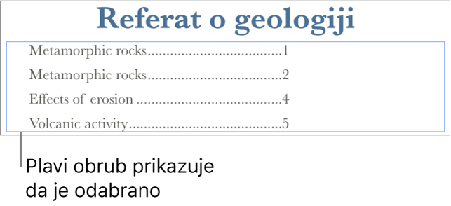Kazalo sadržaja umetnuto u dokument. Unosi prikazuju naslove zajedno s pripadajućim brojevima stranica.