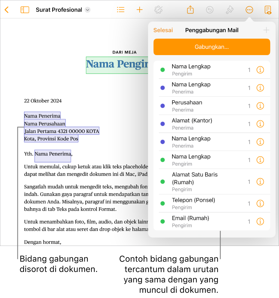 Dokumen Pages dengan bidang gabungan penerima dan pengirim, serta daftar contoh bidang gabungan terlihat di bar samping Dokumen.