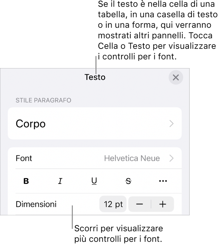 Controlli di testo nel menu Formattazione per impostare stili di carattere e paragrafo, font, dimensione e colore.