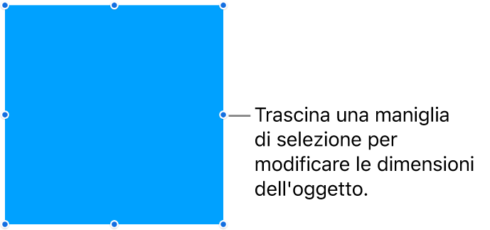 Un oggetto con punti blu sul bordo per la modifica delle dimensioni.