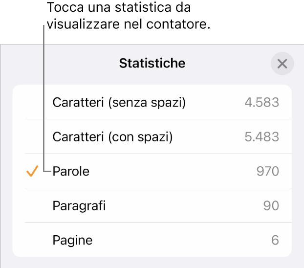 Menu Statistiche con finestra a comparsa che mostra opzioni per visualizzare numero di caratteri con e senza spazi, conteggio parole, conteggio paragrafi e conteggio pagine.