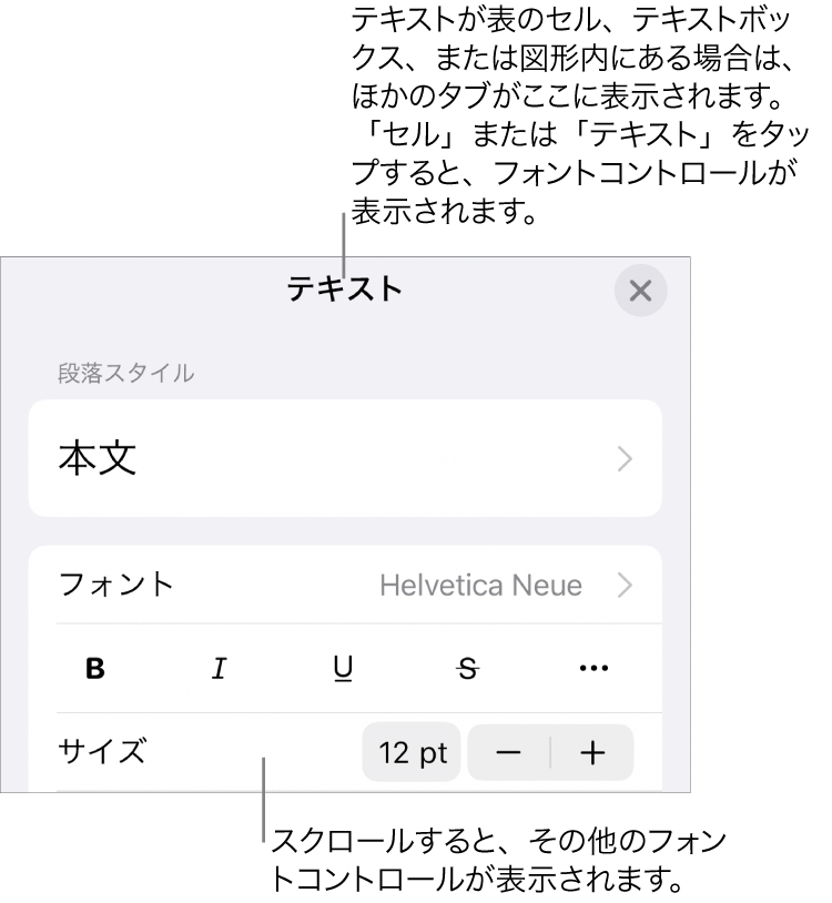 「フォーマット」メニューの、段落と文字のスタイル、フォント、サイズ、色を設定するためのテキストコントロール。