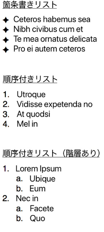 箇条書き、番号付き、階層リストの例。