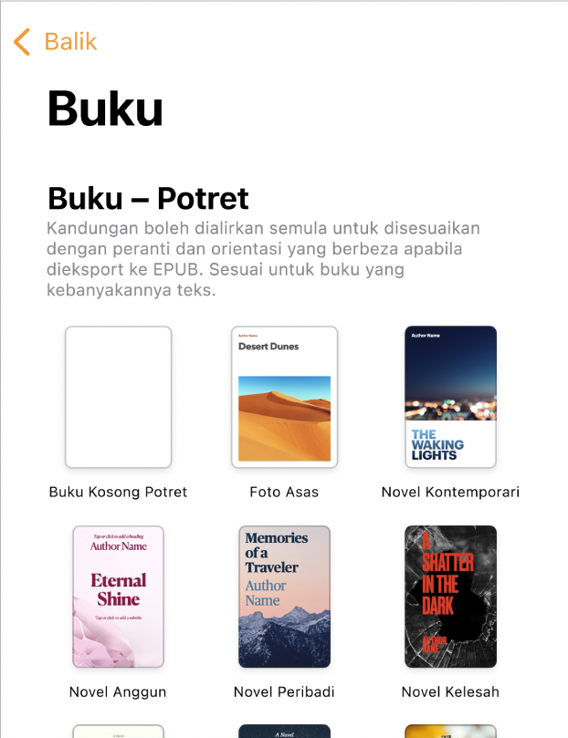 Pemilih templat dengan templat buku dalam orientasi potret di bahagian atas dan orientasi landskap di bahagian bawah.