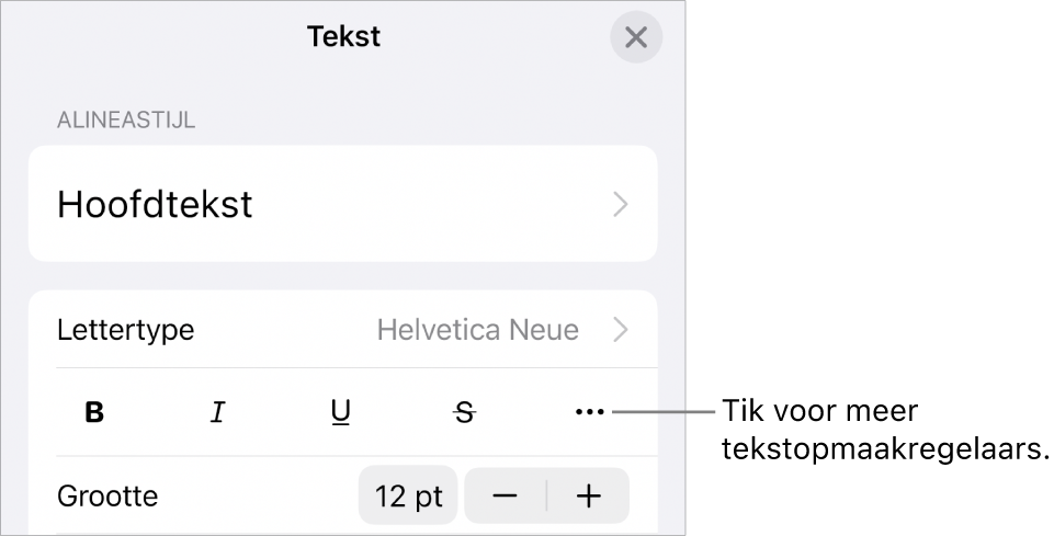 Het tabblad 'Tekst' in de opmaakregelaars met uitleg bij de knop voor meer tekstopties.