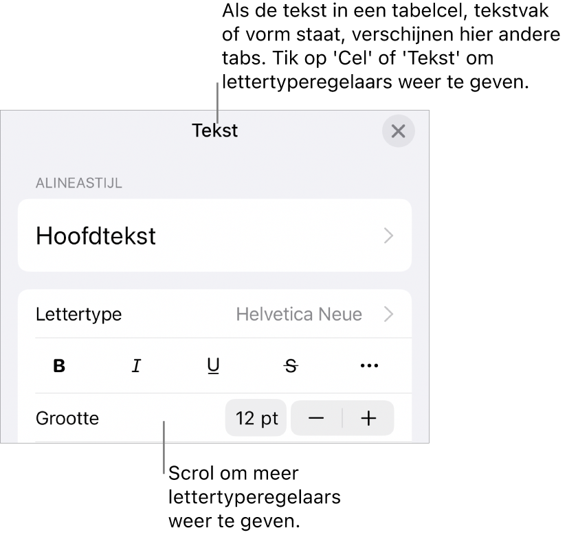 Tekstregelaars in het opmaakmenu voor het instellen van alinea- en tekenstijl, lettertype, lettergrootte en kleur.