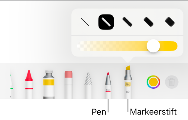 Het menu voor slimme annotaties met de knoppen 'Pen' en 'Markeerstift', opties voor de lijndikte en de schuifknop voor ondoorzichtigheid.