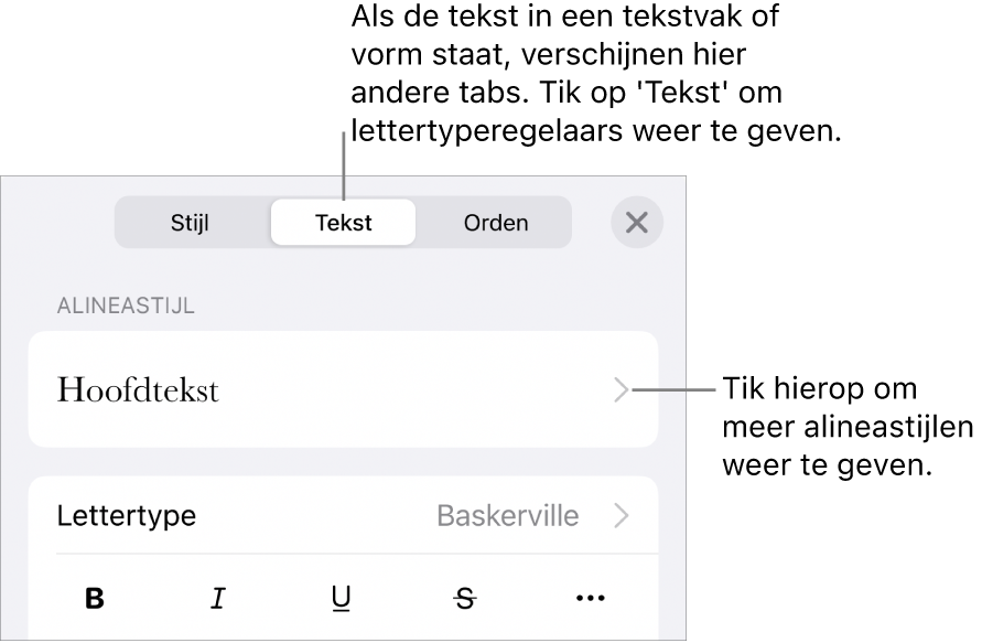 Het opmaakmenu met tekstregelaars voor het instellen van alinea- en tekenstijl, lettertype, lettergrootte en kleur.