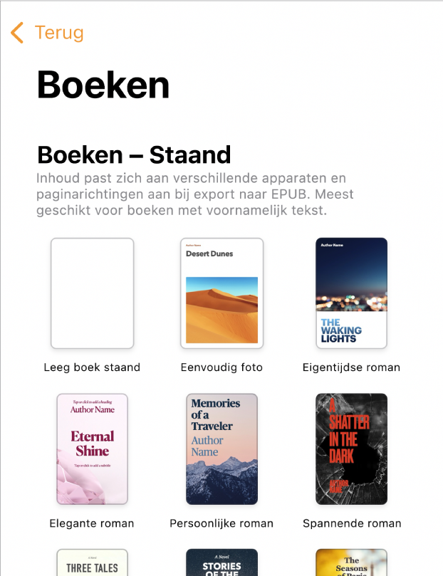 De sjabloonkiezer met bovenin boeksjablonen met de paginarichting 'Staand' en onderin boeksjablonen met de paginarichting 'Liggend'.