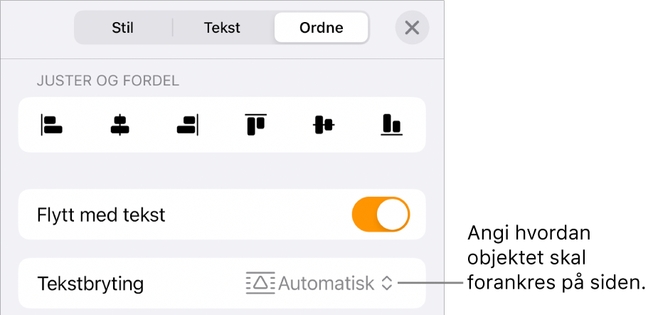Ordne-kontrollene med Flytt med tekst og Tekstbryting.
