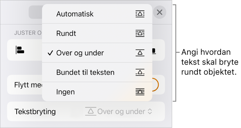 Tekstbryting-kontrollene med innstillinger for Automatisk, Rundt, Over og under, Bundet til teksten og Ingen.
