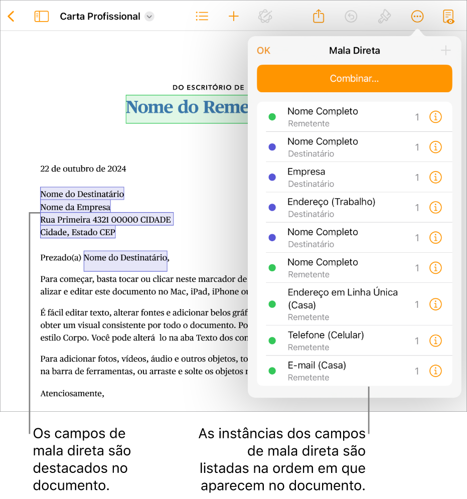 Documento do Pages com campos de destinatário e remetente de mala direta e a lista de instâncias de campos de mala direta visível na barra lateral Documento.