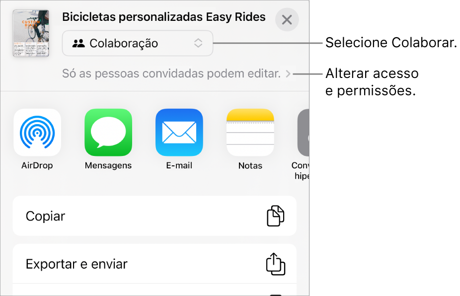 O menu "Partilha” com “Colaboração” selecionada na parte superior e as definições de acesso e permissão por baixo.