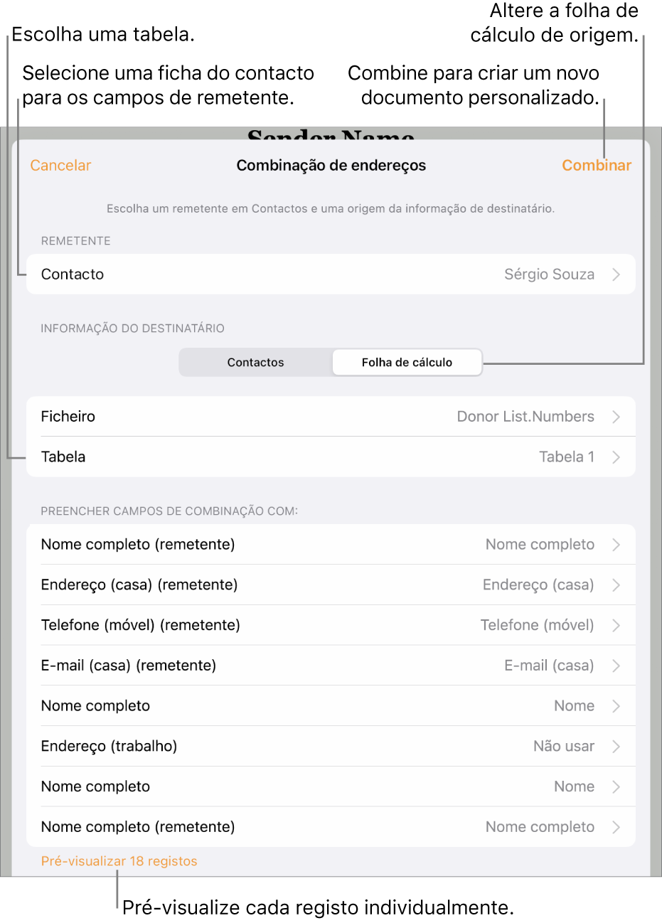 O painel “Intercalação de endereços” está aberto, com opções para selecionar a informação do remetente, alterar o ficheiro ou a tabela de origem, pré-visualizar os nomes ou registos individuais dos campos de intercalação ou intercalar o documento.