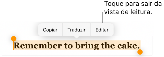 Uma frase está selecionada e por cima está um menu contextual com os botões "Copiar” e “Editar”.