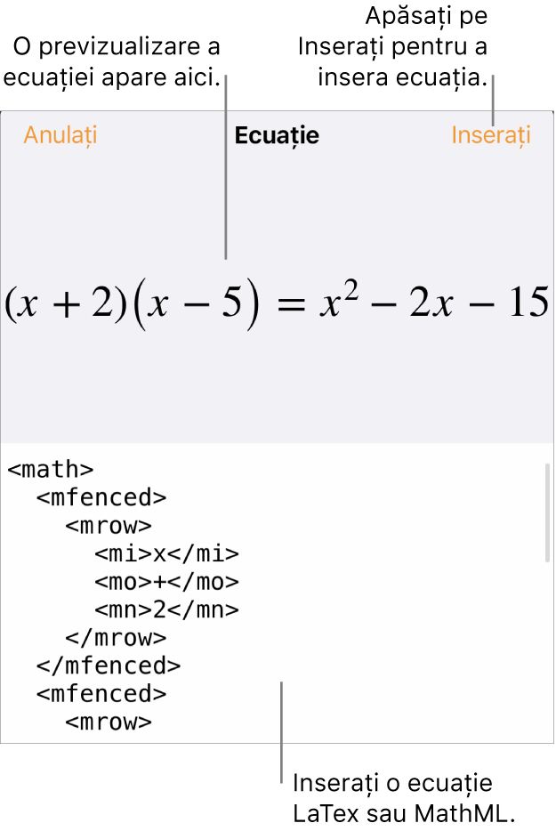 Caseta de dialog Ecuație, afișând o ecuație scrisă cu ajutorul comenzilor MathML și, deasupra, o previzualizare a formulei.