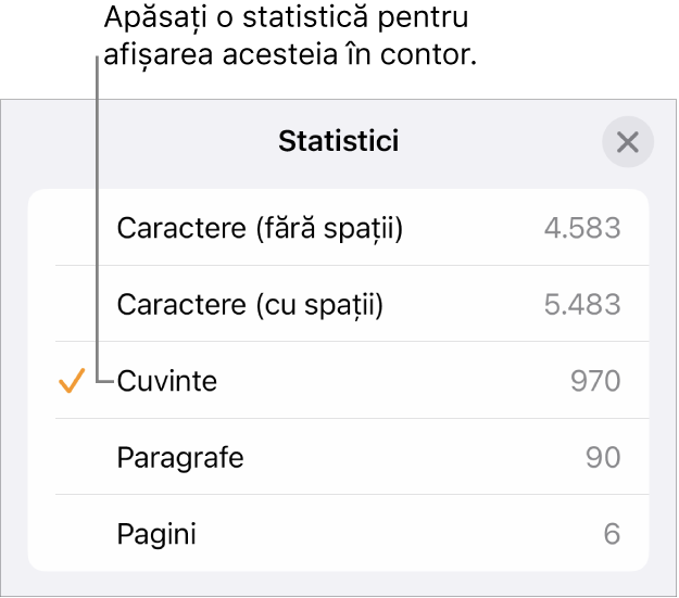 Meniul Statistici cu opțiunile de a afișa numărul de caractere fără și cu spații, numărul de cuvinte, numărul de paragrafe și numărul de pagini.