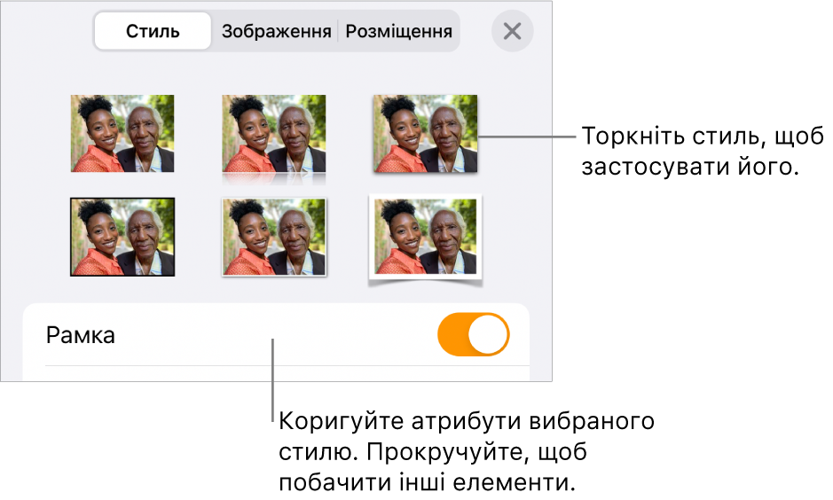 Вкладка «Стиль» в меню «Формат» зі стилями обʼєктів вгорі та елемент керування для змінення рамки внизу.