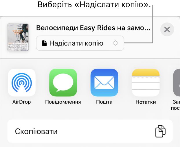 Меню «Поширення», у якому вгорі вибрано елемент «Поширити копію».