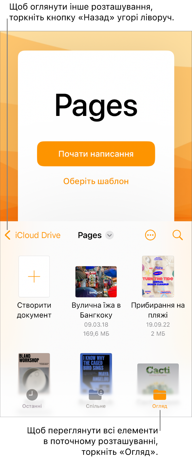 Режим огляду менеджера документів із кнопкою «Назад» у лівому верхньому куті, а також полем «Пошук» унизу. Під полем «Пошук» розташовано кнопку «Створити документ» поруч із мініатюрами наявних документів. У правому верхньому куті розташовано кнопки «Нещодавні», «Спільне» та «Огляд».