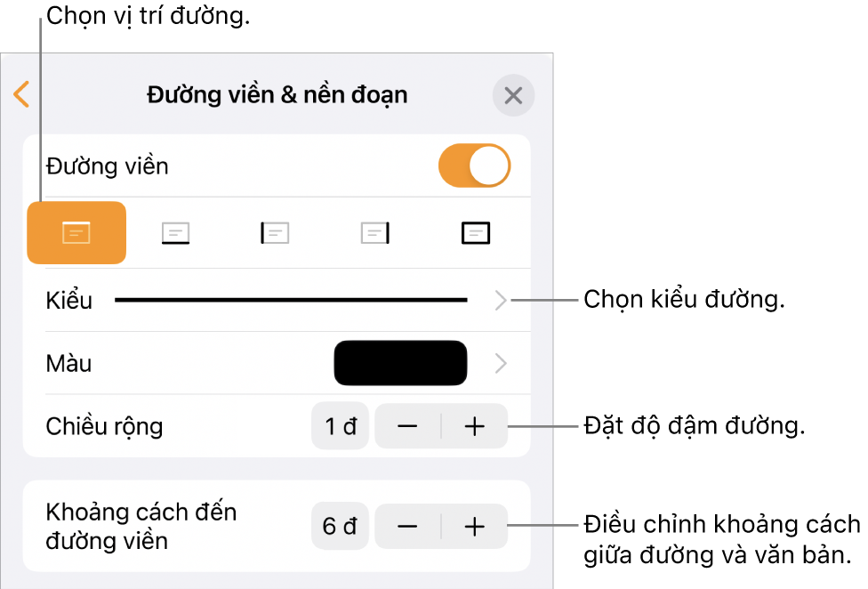 Các điều khiển để thay đổi kiểu đường, độ đậm, vị trí và màu.