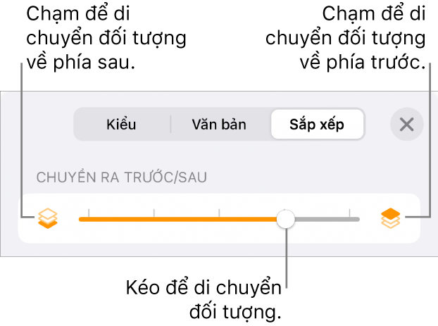 Nút Chuyển ra sau, nút Chuyển ra trước và thanh trượt tạo lớp.