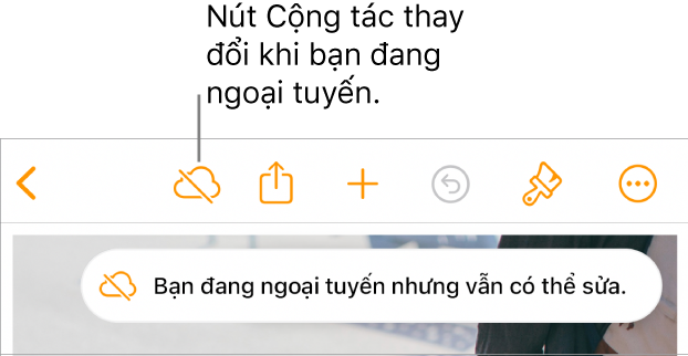 Các nút ở đầu màn hình, với nút Cộng tác được thay đổi thành đám mây với đường chéo xuyên qua. Cảnh báo trên màn hình cho biết “Bạn đang ngoại tuyến nhưng vẫn có thể sửa”.