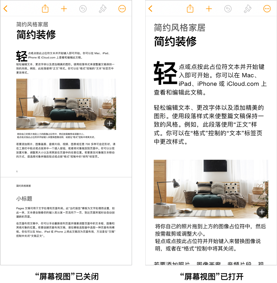 同一 Pages 文稿的两种视图，一种打开“屏幕视图”，另一种关闭“屏幕视图”。