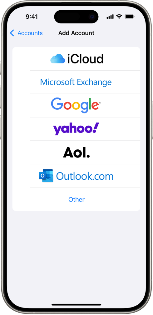 شاشة إضافة حساب، مع خيارات لاختيار iCloud، و Microsoft Exchange، و Google، و Yahoo، و AOL، وغيرها.