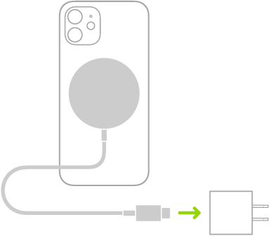 Илюстрация, показваща единия край на зарядното устройство MagSafe Charger, прикрепен към гърба на iPhone и другия край, който е свързан към захранващ адаптер.