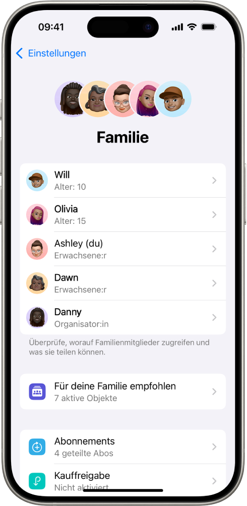 Der Bildschirm „Familienfreigabe“ in der App „Einstellungen“. Es sind fünf Familienmitglieder aufgeführt und vier Abos werden mit der Familie geteilt.