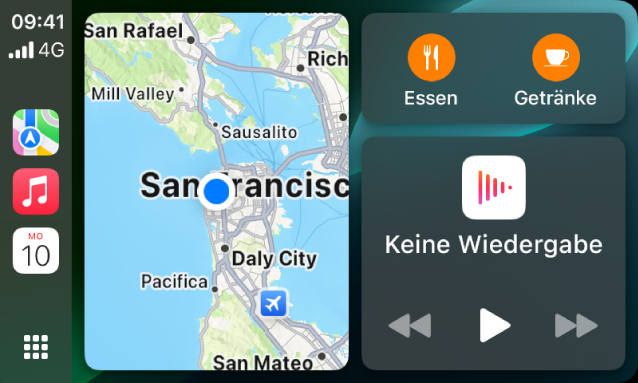 Ein CarPlay-Dashboard mit den Optionen „Karten“, „Musik“ und „Nachrichten“ in der Seitenleiste. Auf der rechten Seite werden eine Karte des Apple Park, ein Navigationsfenster und ein Wiedergabefenster angezeigt.